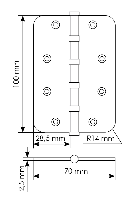 Петля стальная MSN-C 100X70X2.5-4BB SN скругленная универсальная с подшипником, вес полотна до 40 кг, цвет белый никель фото купить в Уральске